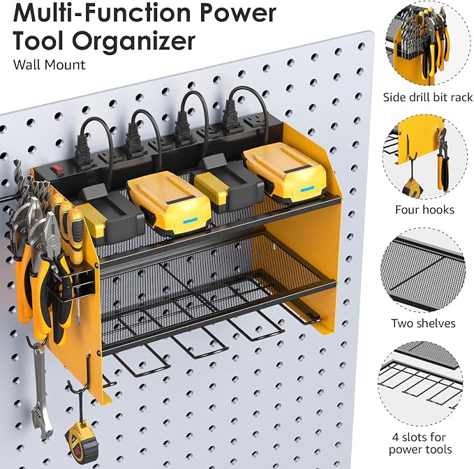 CCCEI Modular Power Tool Organizer Wall Mount with Charging Station. Garage Drill Storage Shelf with Hooks, Heavy Duty Rack, Tool Battery Holder Built in 8 Outlet. Gift for Men. Yellow, 1 Pack. - Image 5