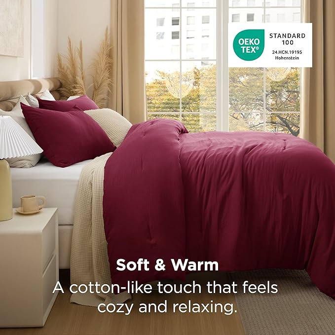 Bedsure Full Comforter Set, Dark Red Soft Prewashed Bedding for All Seasons, 3 Pieces GentleSoft™ Bed Set, 1 Lightweight Comforter (82"x86") and 2 Pillowcases (20"x26")