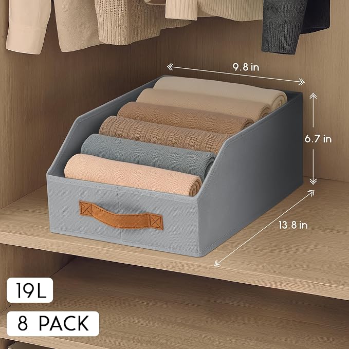 Homsorout Fabric Storage Bins for Organizing - 8 Pack Large Trapezoid Collapsible Storage Bins with Front Handle, Closet Organizers and Storage for Bedroom, Home Shelves, Small Spaces, Grey - Image 2