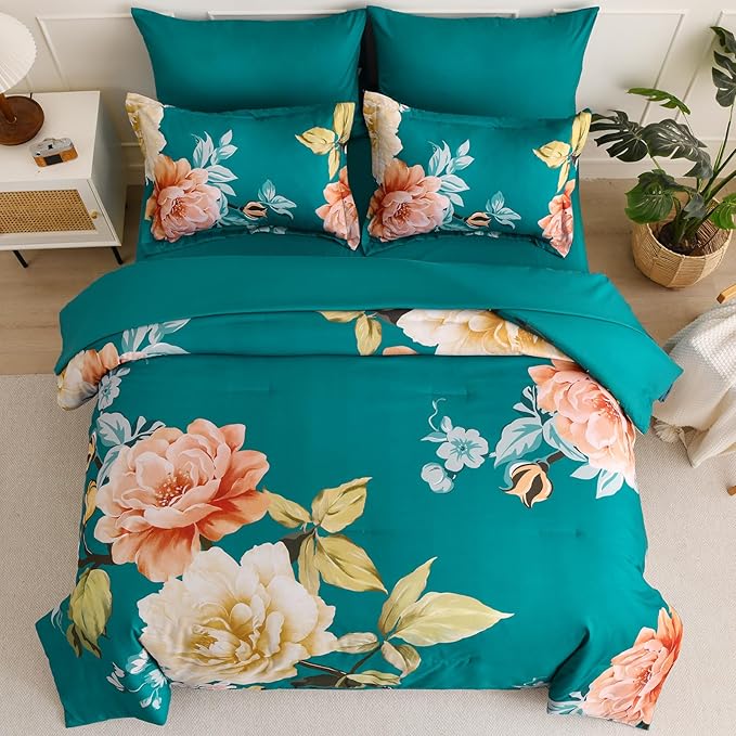 Drucon Floral Comforter Set Queen Size 7 Pieces Bed in a Bag, Teal Blue Floral Bedding Set, Soft Microfiber Comforter and Sheet Set for All Season (Queen, 90"x90")