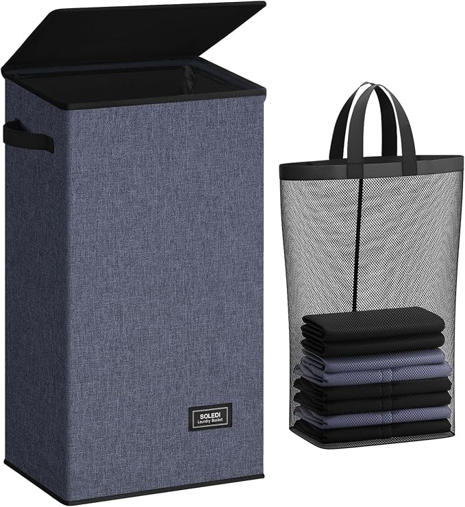 SOLEDI Laundry Hamper with Lid 100L Large & Tall Collapsible Laundry Basket, Clothes Hamper with Bag Removable Easy to Carry, Dirty Hampers for Bedroom, Bathroom, Dorm, College, Navy Blue by SOLEDI