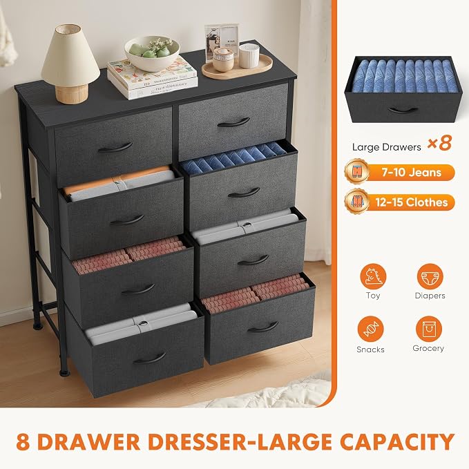 Sweetcrispy 8 Drawer Dresser with Fabric Bins Fabric Storage Tower Organizer for Bedroom Closet Hallway Entryway Tall Chest of Drawers with Steel Frame Wood Top Easy Pull Handles,Grey - Image 4