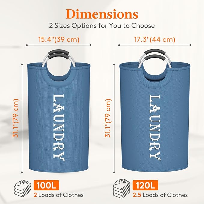 Lifewit 100L 2-Pack Large Laundry Basket, Collapsible Laundry Hamper with Aluminum Handles, Waterproof Freestanding Dirty Clothes Hampers for Laundry Room Bedroom Dorm Bathroom, Blue - Image 2