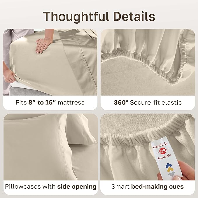 California Design Den King Size Sheets Set - 600 Thread Count, 100% Cotton Sateen, Deep Pocket King Sheet Set, Soft and Durable Bedding - Beige