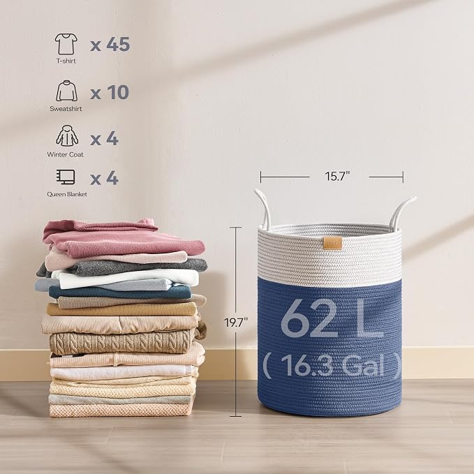 Nunsino Laundry Hamper 62L,Large Laundry Basket for Clothes,Decorative Storage Basket for Blankets,Cotton Rope Woven basket for bedroom,Navy Blue - Image 6