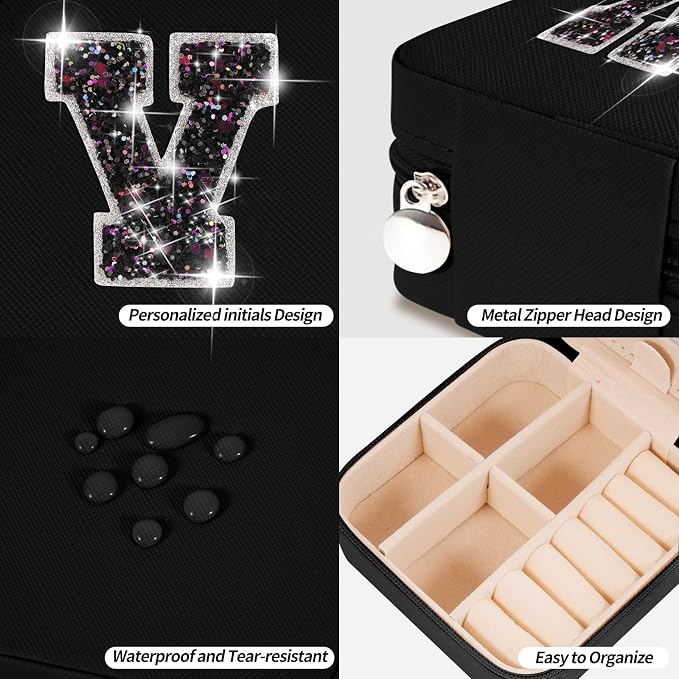 Uygafly Personalized Jewelry Case for Women Girls - Fashion Mini Jewelry Boxes - Trendy Travel Jewelry Organizer with Initials Letter - Teen Gifts | Black,V - Image 4