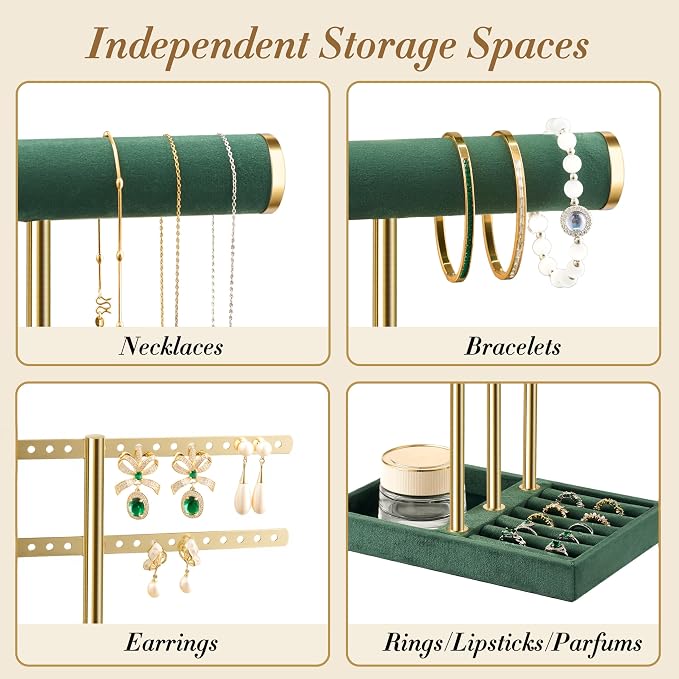 bussdis 3 Tier Bracelet Holder Display - Detachable T Bar Dark Green Velvet Bracelet Holder, Jewelry Holder Organizer for Bracelet, Necklace, Earrings, Rings - Image 3