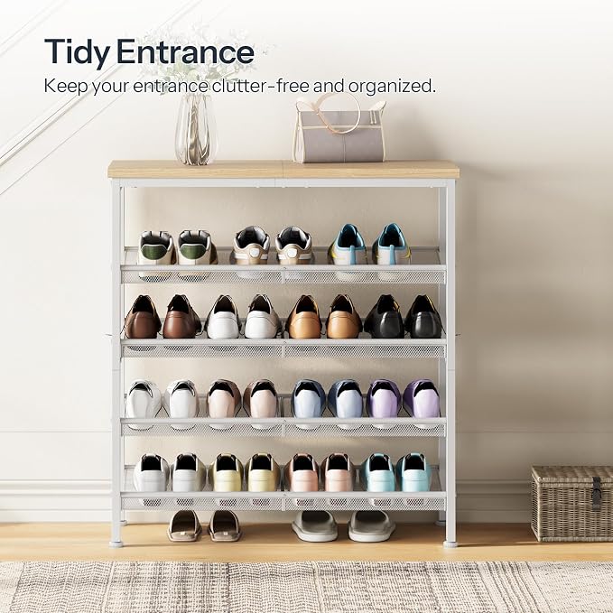 HOOBRO Shoe Rack for Entryway, 5-Tier Shoe Organizer with Adjustable Mesh Shelves, 12-16 Pairs of Shoes, Spacious Floor Mount, Metal, Industrial, Shoe Shelf for Closet, Natural and White WN12XJ01 - Image 4