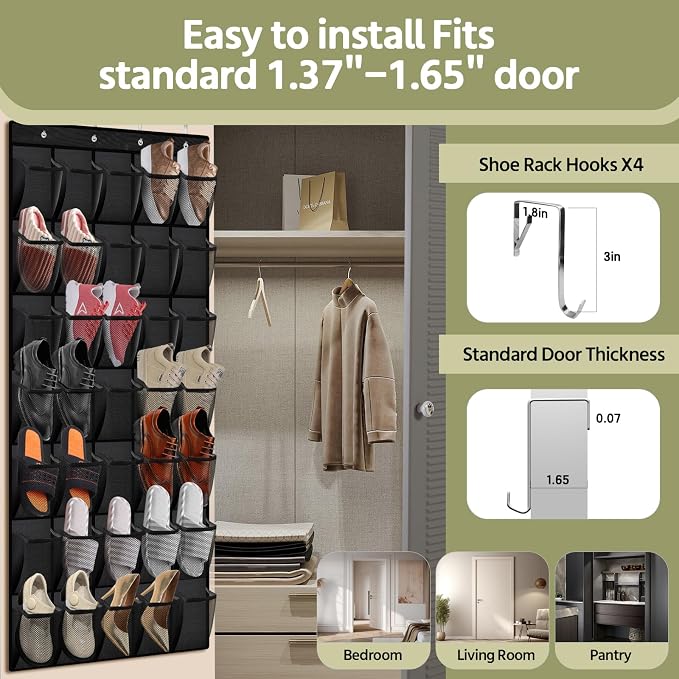PAULONE 35 Pocket Over the Door Shoe Organizer,Reusable Breathable Large Mesh Bag Men's & Women's Sneaker Organizer,Shoe Organizer for Kids,Hanging Shoe Storage Hanging Bag (Black) - Image 6