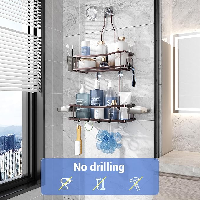 Aitatty Hanging Shower Caddy Bathroom Organizer: Rustproof Shower Shelf Racks Over Shower Head - No Drilling Inside Bath Shower Rack Shelves Over Showerhead for Shampoo with Soap Holder Bronze - Image 2