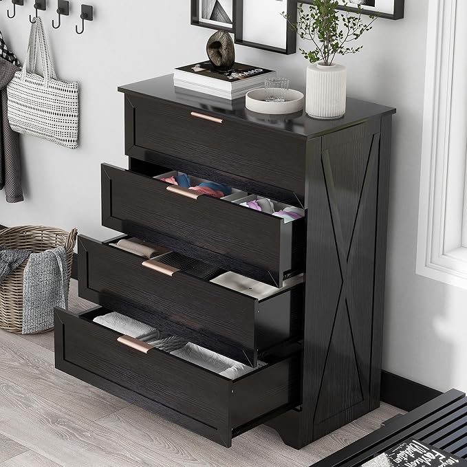 FTZxHKLX Modern 4 Drawer Dresser for Bedroom, Tall Bedroom Dresser with Large Drawer & Rose Gold Handles, Wooden Storage Organizer Cabinet Chest of Drawer for Closet, Living Room, Hallway, Black