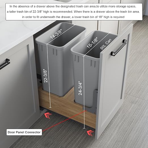Dowell Double 50Qt Undermount Trash Pull-Out Waste Container with Full Extension Soft-Close Slides, Bottom Mounted, Face Frame/Frameless Min. Cabinet Opening: 15-1/2 Inch Wide-4008 0218 50 - Image 2