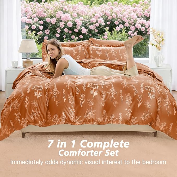 MUXHOMO Burnt Orange Bed in a Bag King 7 Pieces, King Comforter Set Reversible Botanical Flowers Design, Ultra Soft & Breathable Bedding Sets with Comforter, Sheets, Pillowcases & Shams