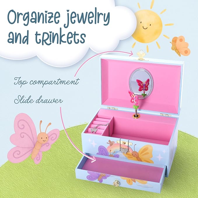 The Memory Building Co Butterfly Musical Jewelry Box Plays Classic Melody, Storage Organizer Music Box for Kids Ages 6-12, MDF Wood w/ 2 Fabric Lined Ring Bracelet Necklace Treasure Compartments - Image 2