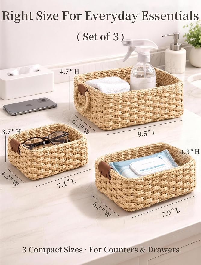 Storage Basket, Recycled Paper Rope Bathroom Basket Organizer, 3Pcs Small Baskets for Organizing, Mini wicker Basket for Decorative Storage Bins, Shelves, Bathroom, Cabinet - Beige - Image 2