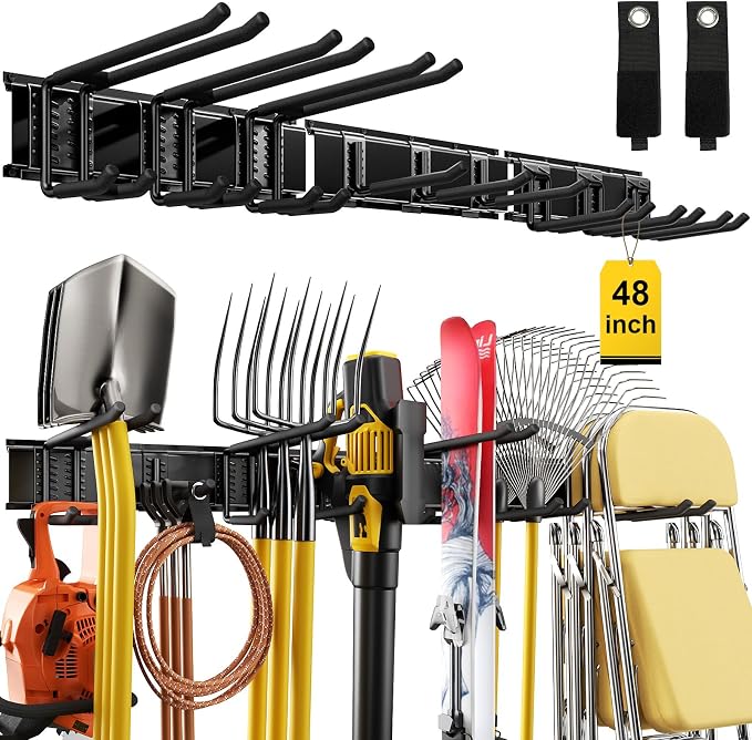 48" Garage Tool Organizer Wall Mount, 660lbs Heavy Duty Steel Garden Tool Storage Rack with 9 Adjustable Hooks for Yard, Shed, Garage (3 Racks, 9 Hooks, 2 Straps) by YZSFMZGE