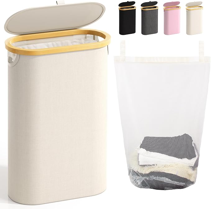 Slim Laundry Hamper with Lid, 60L Small Laundry Basket with Handles&Removable Bag, Thin Dirty Clothes Hampers for Laundry, Narrow Laundry Hampers for Bedroom Aesthetic, Beige by Bathola
