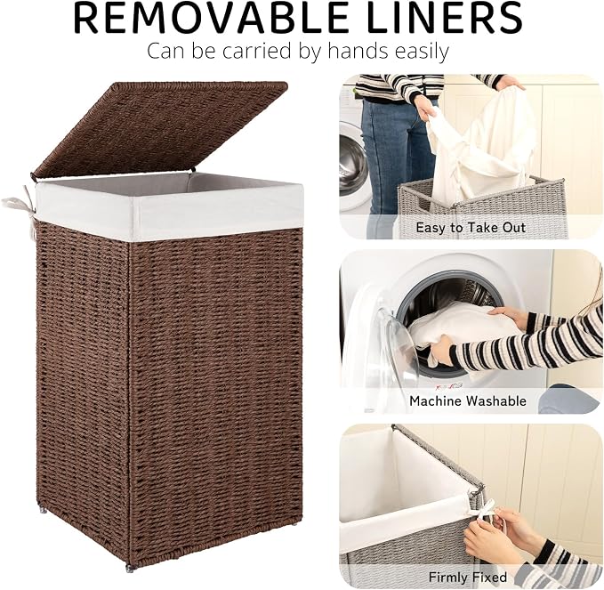 OIAHOMY Laundry Hamper with Lid, 65L(17.2 Gal) Large Wicker Laundry Basket for Bedroom, Handwoven Paper Rope Clothes Hamper with Washable Liner & Metal Frame, Decorative organizer for Bathroom Brown - Image 3
