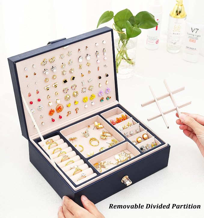QBestry Womens Earring Jewelry Box for Girls Jewelry Earrings Organizer Box Earring Holder Organizer for Girls Jewelry Organizer Boxes for Women Girls Stud Earrings Organizers Jewelry Box Navy - Image 5