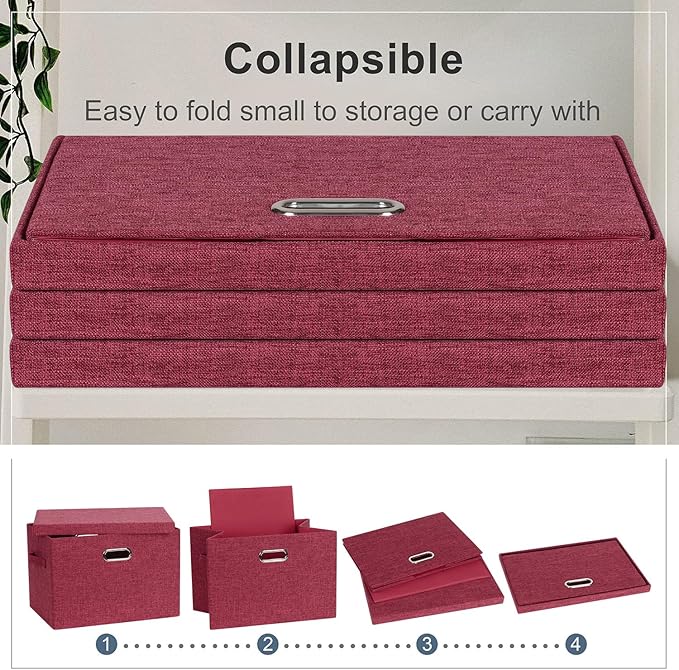 Graciadeco Large 17" 36 Quart Collapsible Stackable Storage Bins with Lids, 3 Packs Bright Red Linen Fabric Closet Boxes with Lids, Storage Cube Baskets Container Organizers for Office (17x12x11) - Image 4
