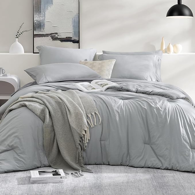 WRENSONGE Full Size Comforter Sets- 7 Pieces Soft Light Grey Bed in a Bag with Fitted Sheet, Flat Sheet, 2 Pillow Shams, 2 Pillowcases, Warm Bedding Sets for All Season