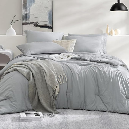 WRENSONGE Full Size Comforter Sets- 7 Pieces Soft Light Grey Bed in a Bag with Fitted Sheet, Flat Sheet, 2 Pillow Shams, 2 Pillowcases, Warm Bedding Sets for All Season