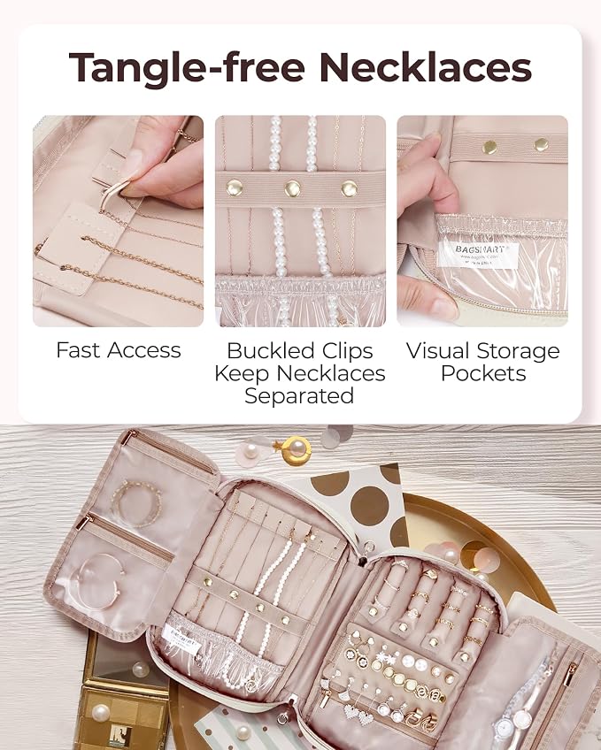 BAGSMART Travel Jewelry Case, Jewelry Organizer for Women Girls, Zipper Rings Holder Storage Pouch for Rolls Necklaces,Stud Earrings,Bracelets, Beige - Image 4