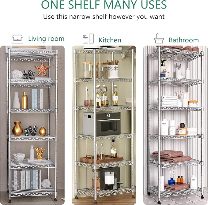 GIOTORENT 6-Tier Storage Shelves Standing Shelving Metal Units, Adjustable Height Wire Shelf Display Rack for Pantry Laundry Bathroom Kitchen 16.6” x 11.8” x 63”, Silver - Image 7