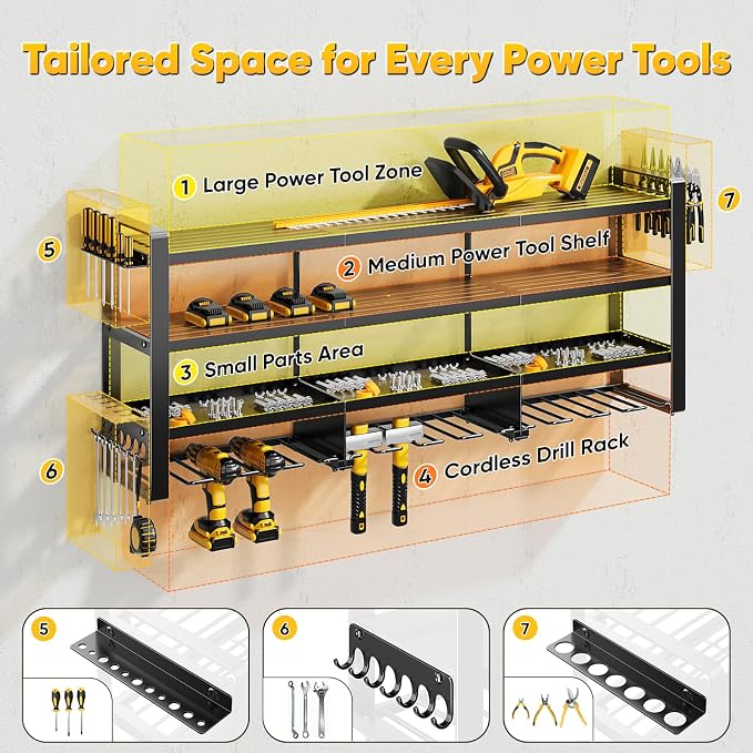 POKIPO 49" W Large Power Tool Organizer Wall Mount, 4 Layer Heavy Duty Loads 800 lbs, Tool Storage Rack Holds 12 Cordless Drills, Large Capacity Battery Holder for Garage, Gift for Men - Image 3