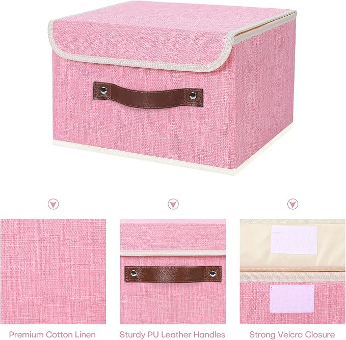 ANMINY Storage Bin with Lid Storage Boxes with PU Leather Handles PP Plastic Board Decorative Foldable Lidded Cotton Linen Fabric Home Cubes Baskets Closet Organizer Container - Pink, Small Size - Image 3
