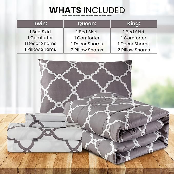 LUX Décor Reversible 4pc Twin Comforter Set, Printed Bedding Set, All-in-One Bed in a Bag, Includes 1 Comforter, 1 Pillow Sham, 1 Decor Pillow & 1 Bed Skirt (Quatrefoil Grey,Twin)