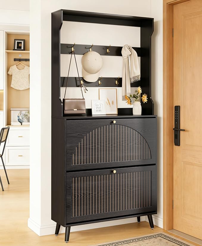 Fsbecl Shoe Cabinet for Entryway with 2 Flip Drawers & Coat Rack, Narrow Hidden Shoe Storage Cabinet with Fluted Panel, 2-in-1 Hall Tree Slim Freestanding Shoe Rack Organizer for Hallway, Black by Fsbecl