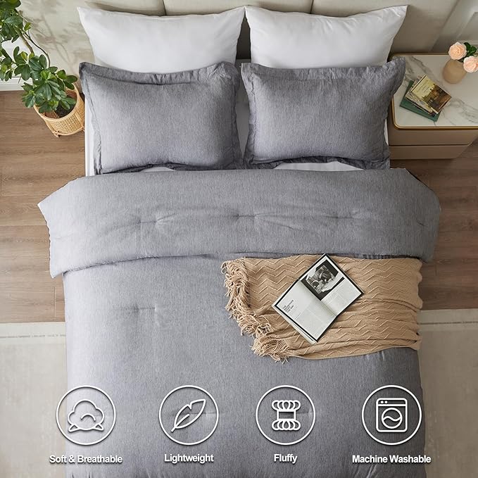 CozyLux Queen Comforter Set - 3 Pieces Grey Soft Luxury Cationic Dyeing Queen Comforter for All Season, Gray Breathable Lightweight Fluffy Bedding Sets with 1 Comforter and 2 Pillow Shams