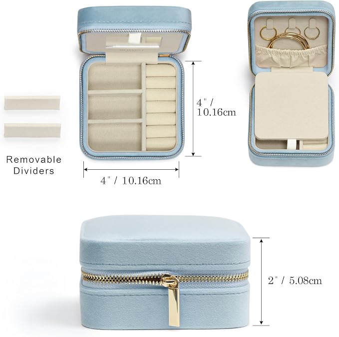 BLUTETE Travel Jewelry Box Organizer Velvet Travel Case With Mirror Ring Earrings Necklaces Storage Organizer Box (Sky Blue) - Image 4
