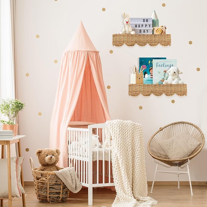 Nursery Book Shelves Set of 2 - Artisanal Natural Rattan Scalloped Book Shelf for Kids Rooms 15.8" W, Cute Wicker Nursery Bookshelf Wall Mounted, Handwoven Floating Kids Bookshelf, Baby Boho Decor - Image 7