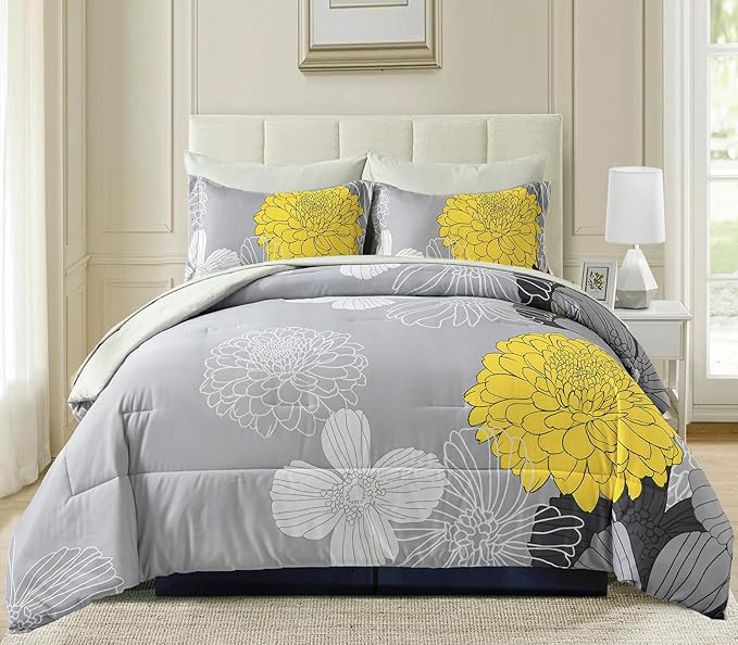 Yiran 7 Pieces Bed in a Bag Comforter Set Yellow Floral Comforter Flowers Soft Microfiber Bedding Set King Size (1 Comforter 1 Flat Sheet 1 Fitted Sheet 2 Pillowshams 2 Pillowcases)