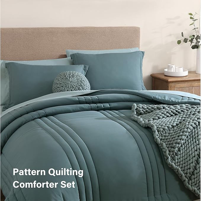 Monbix Full Comforter Set - 7 Pieces Blue Green Bed in a Bag Full Size Bedding Sets with Comforters, All Seasons Comforter with Sheets, Pillowcases & Shams