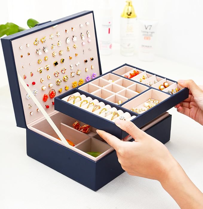 QBestry Womens Earring Jewelry Box for Girls Jewelry Earrings Organizer Box Earring Holder Organizer for Girls Jewelry Organizer Boxes for Women Girls Stud Earrings Organizers Jewelry Box Navy - Image 9