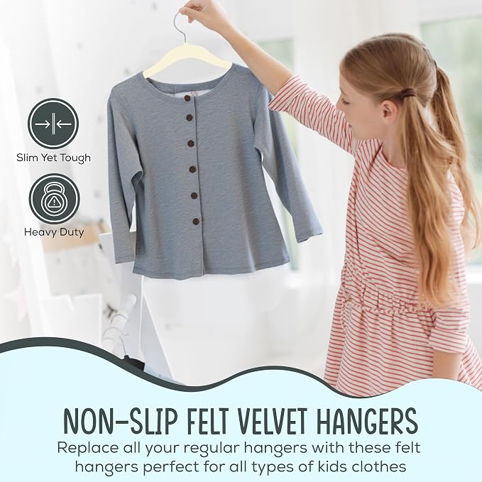 TechZoo 50 Premium Kids Velvet Hangers - 14" Non-Slip Clothes Hangers for Kids & Preteens - Ultra Slim, Space-Saving, Strong & Durable Hangers with 360° Swivel Hook - Ivory - Image 3