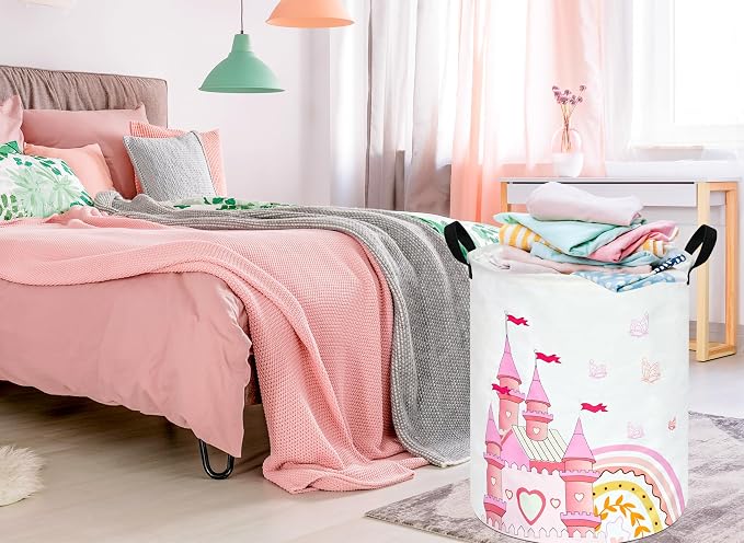 MAIZMZ Kids Hamper Pink Castle Storage Bins Organizer Toy Box Laundry Basket Large Canvas Collapsible Chest for Home/Dorm/Kitchen/Pet/Office/Closet/Shelf/Gift Baskets - Image 3