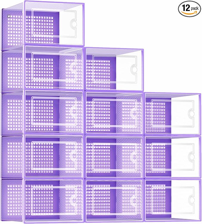 Kuject Shoe Organizers Storage Boxes for Closet, 12 Pack Clear Plastic Stackable Storage Bins with Lids, Under Bed Shoe Containers for Entryway, Drop Front, Fit up to Women's Size 10,Purple by Kuject
