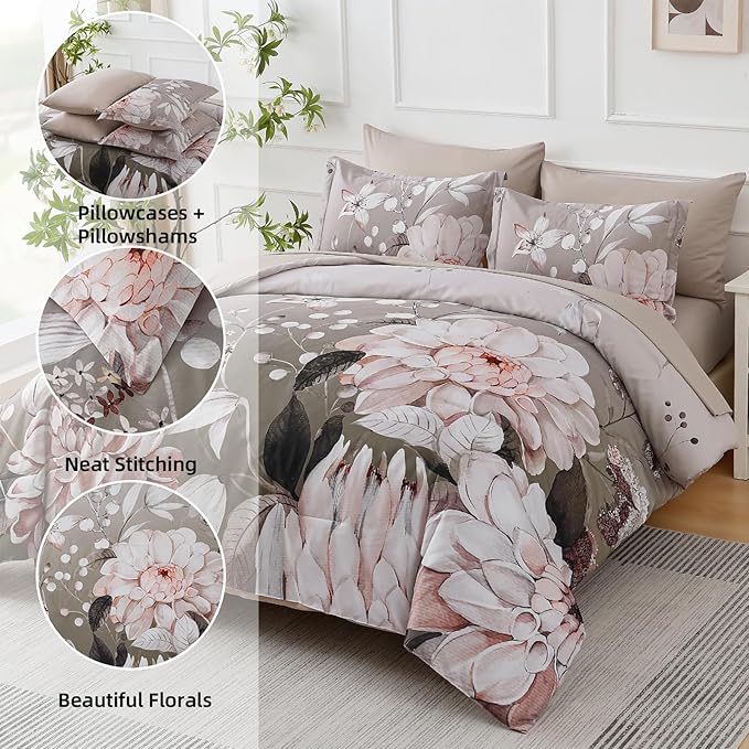 Drucon Queen Comforter Set - 7 Pieces Floral Brown Soft Bedding Sets, Queen Bed in a Bag with Botanical Flowers Comforter, Sheets, Pillowcases & Shams