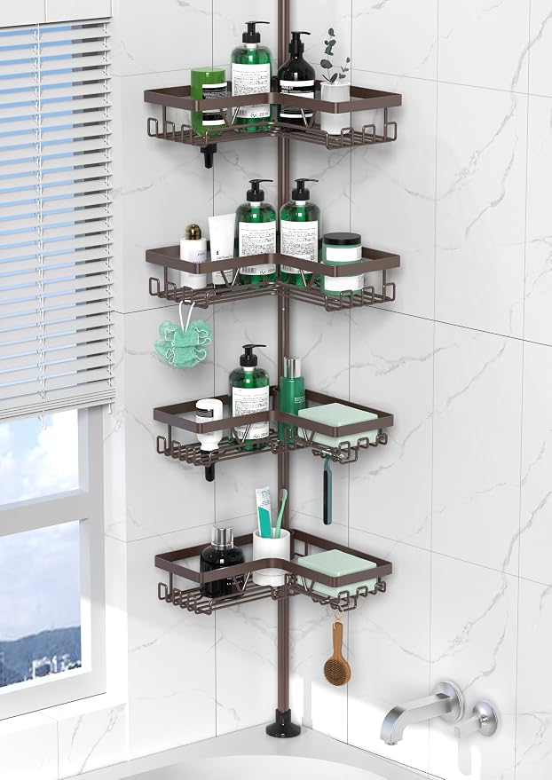 DAOYA Corner Shower Caddy Tension Pole - Adjustable 4-Tier Shower Shelf Stainless Steel Corner Tension Rod Bathroom Organizer Shampoo Holder with Soap Holders & Hooks for Bath, Tub, Floor Space Saving by DAOYA