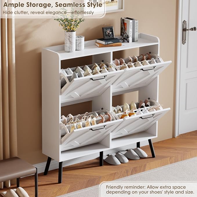 Nicetree Shoe Cabinet with 4 Flip Drawers, Freestanding Shoe Organizer Cabinet with Metal Legs, Farmhouse Slim Shoe Rack Cabinet for Entryway, Foyer, Hallway, White - Image 5