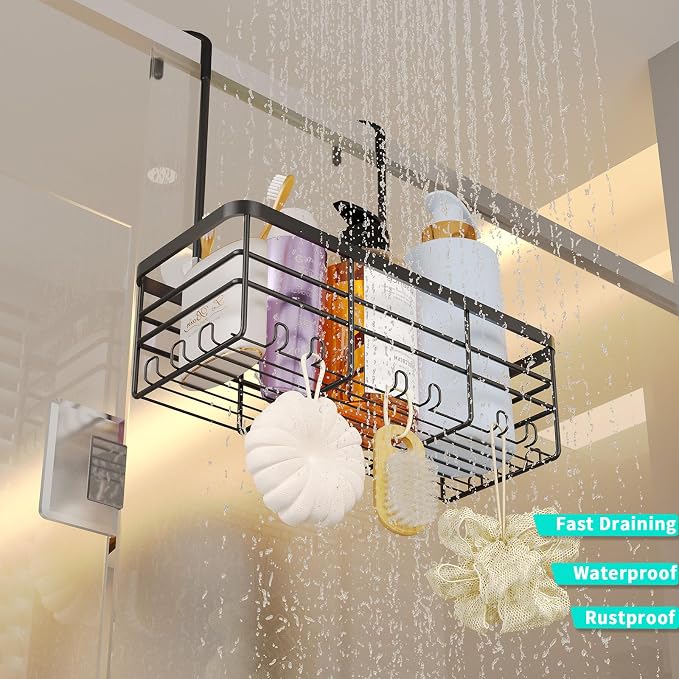 HapiRm Hanging Shower Caddy Organizer - No Drilling Shower Organizer with Hooks, Rustproof & Waterproof 304 Stainless Steel Bathroom Shelves - Black (1 Basket) - Image 6