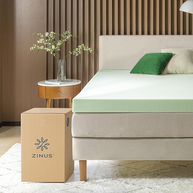 ZINUS 4 Inch Green Tea Memory Foam Mattress Topper, Dorm Bedding, Pressure-Relieving Layer, Ideal for Back Pain Relief, Compact WONDERBOX Packaging, CertiPUR-US Certified, Twin