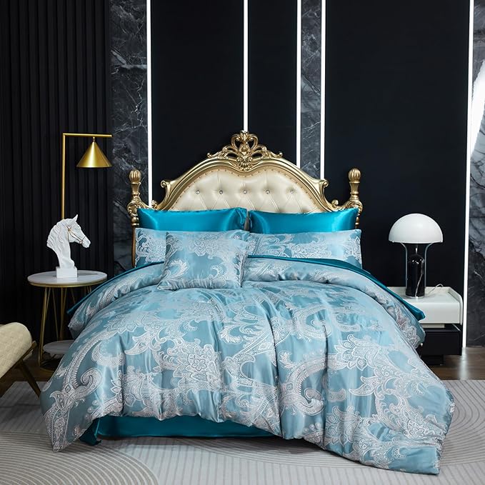 Jacquard Queen Comforter Set Peacock Green Sheet Set Satin Bedding Set 8 Pcs Embroidery Neoclassical Floral Bed Home Decor Soft Down Comforter Luxury Hotel Silky Bed in a Bag with 1 Cushion Cover