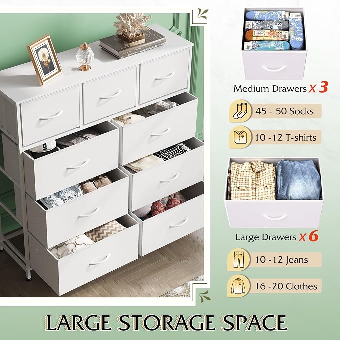 WLIVE 9-Drawer Dresser, Fabric Storage Tower for Bedroom, Hallway, Closet, Tall Chest Organizer Unit for Bedroom with Fabric Bins, Steel Frame, Wood Top, Easy Pull Handle, White - Image 5