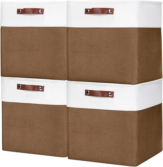 Bagnizer 13x13 Cube Storage Bins, Collapsible Fabric Storage Box, 4 Pack Closet Baskets with Handles for Organizing, Shelf, Toys, Clothes, Home, Office, Nursery (Brown&White) by Bagnizer