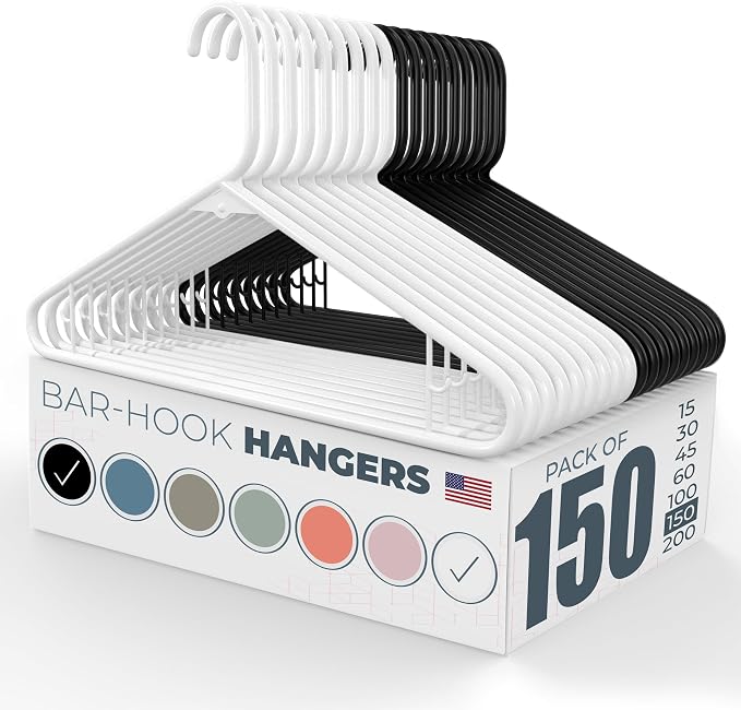 Neaties Plastic Hangers 100+ Pack (150 Count) – Made in the USA – 6lb Capacity Standard Clothes Hangers with Strap Hooks for Dresses, Lingerie, Shirts, Pants, and Jackets – White & Black by NeatiesHangers